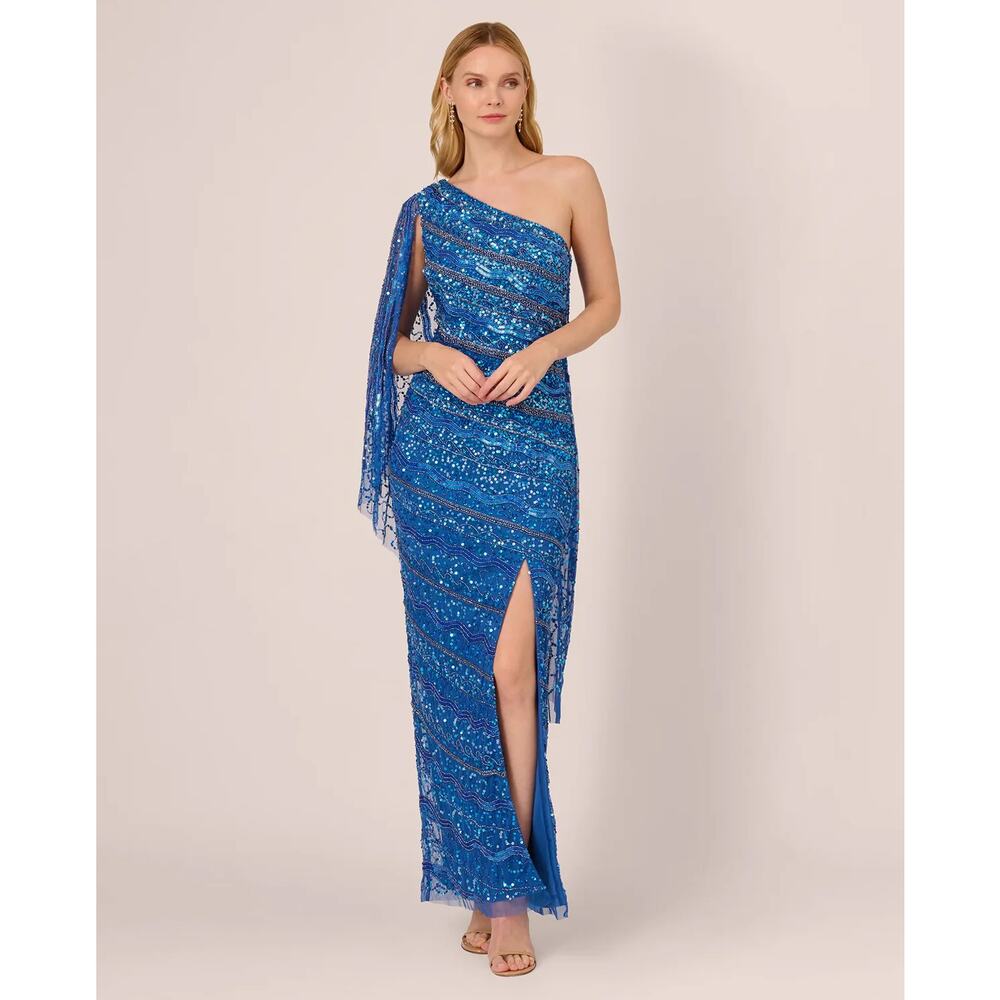 Adrianna Papell One Shoulder Beaded Evening Gown Glam Draped Dramatic NWT 4